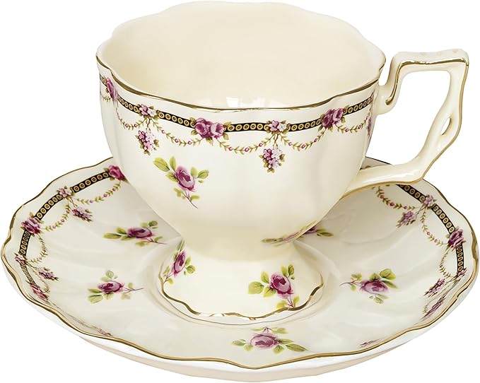 Tea Cups and Saucers Set, Porcelain Coffee Mugs, 8.4 OZ Vintage Coffee Cups by JUSONEY