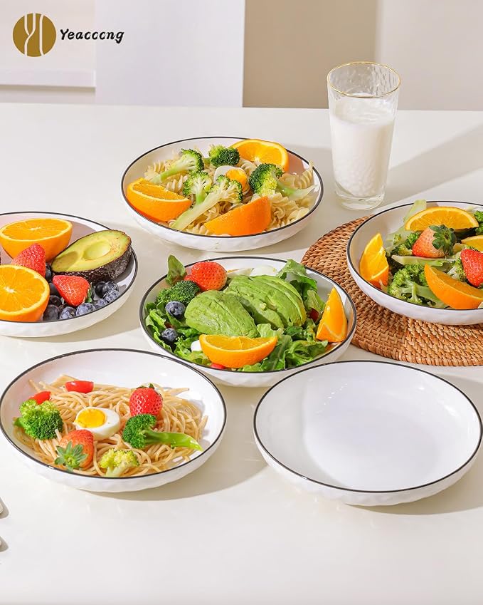 Yeacccng White Pasta Bowls Set of 6, 24oz Ceramic Salad Bowls, 8 inch Shallow - Image 4