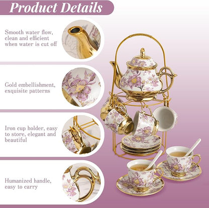 20 Pcs Porcelain Tea Set With Metal Holder, - Image 3