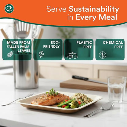 ECO SOUL Palm Leaf Disposable Bamboo Plates 10" Square Compostable & Biodegradable Party Plates for Christmas Dinner, Weddings, Parties & Events 100 Count