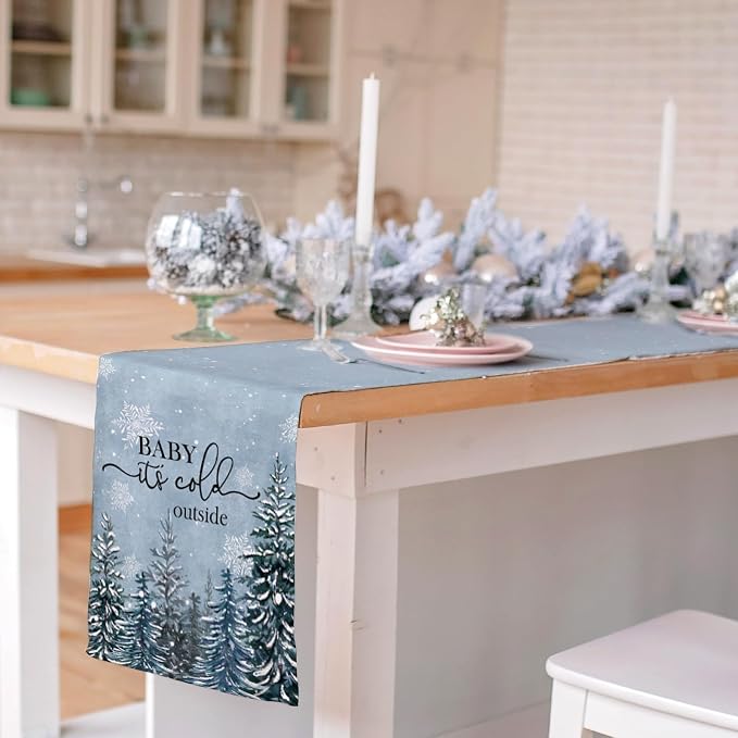 Winter Baby It's Cold Outside Table Runner Pine Tree Snowflakes Burlap Table - Image 5