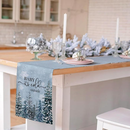 Winter Baby It's Cold Outside Table Runner Pine Tree Snowflakes Burlap Table - Image 5