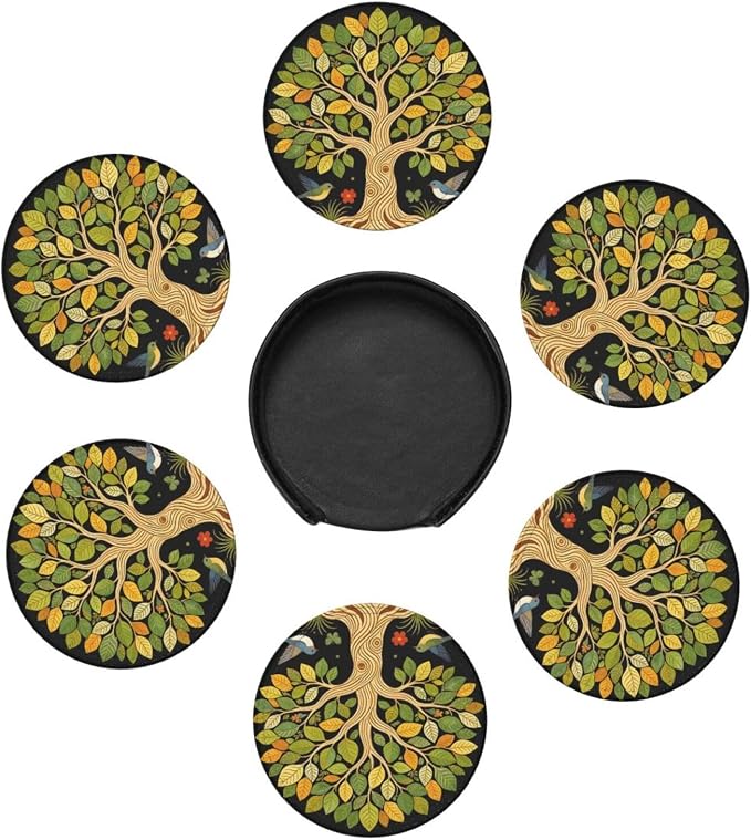 Drink Coasters with Holder Stand Set of 6, Tree of Life Vintage Pu Leather - Image 5