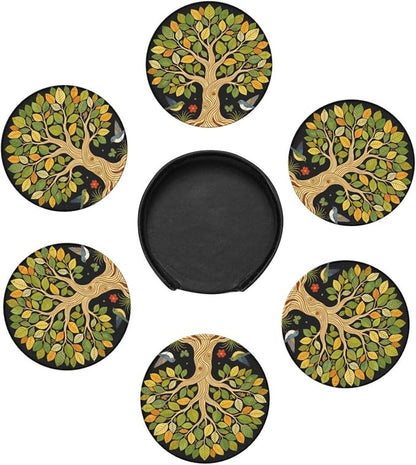 Drink Coasters with Holder Stand Set of 6, Tree of Life Vintage Pu Leather - Image 5