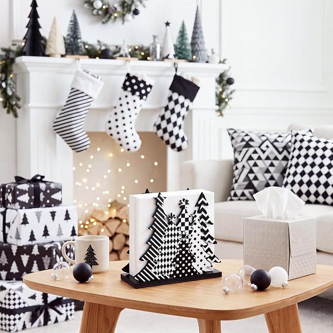 Christmas Tree Napkin Holder for Tables Black White Plaid Stripe Dots Christmas - Image 4