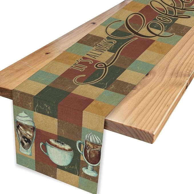 Coffee Theme Table Runner, Rustic Coffee Time Cafe Cup Latte Cappuccino Tea - Image 4