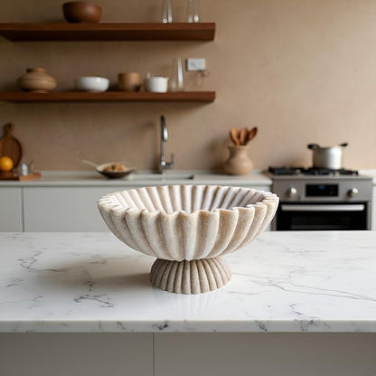 10" Large Decorative Bowl decor, Scalloped Bowls for Modern Home Decor,Ruffle Decor,Stylish Key Bowl for Entry Table,Decorative Fruit Bowl for Kitchen Counter,With base,Artificial Stone Beige