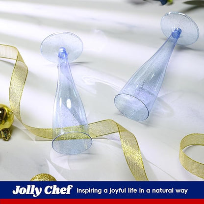 JOLLY CHEF 100 Pack Plastic Champagne Flutes Disposable 4.5 oz Blue Glitter Plastic Champagne Glasses Suitable for Wedding, Thanksgiving Day, Christmas