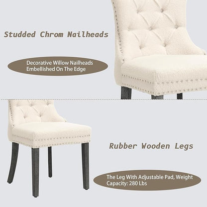 KCC Boucle Dining Chairs Set of 4, Upholstered High-end Tufted Dining Room Chair with Nailhead Back Ring Pull Trim Solid Wood Legs, Contemporary Nikki Collection Modern Style for Kitchen, Cream