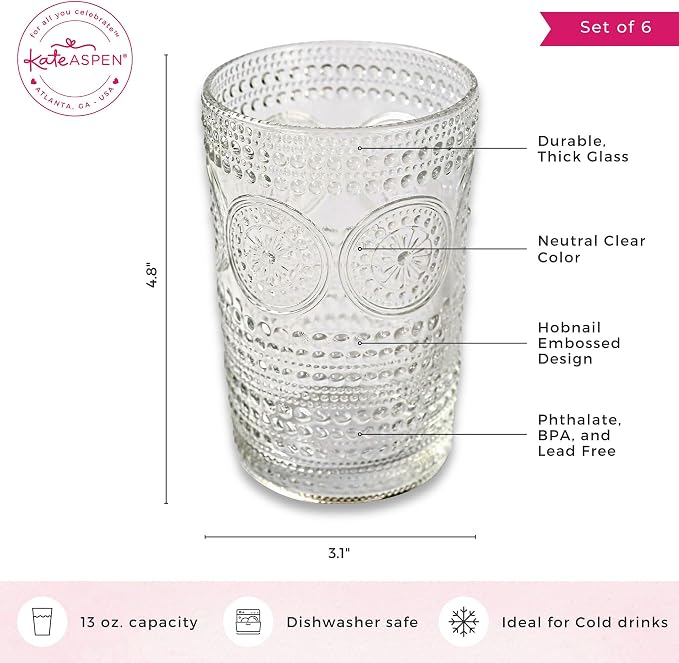 Hobnail Beaded Floral Clear Drinking Glasses Set of 6, Vintage Glassware Set by - Image 6