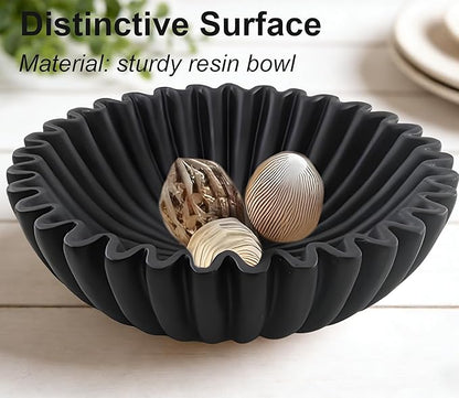 Large Modern Decorative Bowl, Fruit Bowl for counter, Modern Home Decor, Ruffle Bowl for Kitchen Counter Coffee Table, Key Bowl for Entryway Table, 10", Black