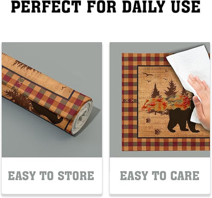 Rustic Bear Forest Pine Tree Placemats Set of 4, Wildlife Paw Print Buffalo Plaid Table Place Mats 18 x12 Inch Heat Resisting Non-Slip Table Mats for Party Holiday Kitchen Farm Indoor Decor