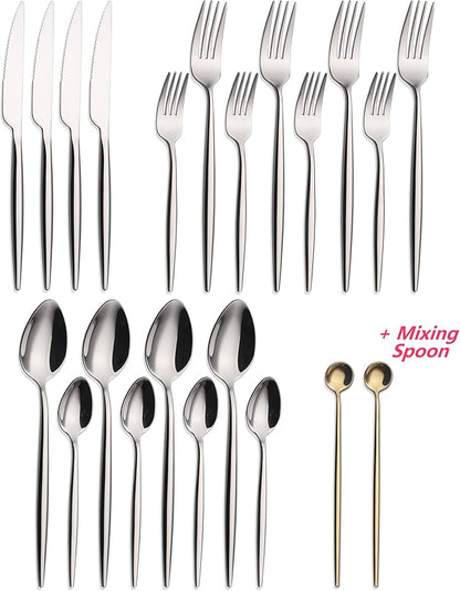 20 Piece Luxury Silverware Set for 4 Mirror-Polished 18/10 Stainless Steel Heavy Flatware Set Modern Cutlery Set Knife/Fork/Spoon Utensil Dishwasher Safe with Gifts