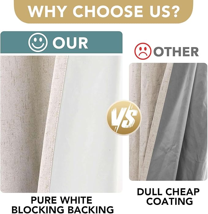 H.VERSAILTEX Linen 100% Blackout Curtains for Bedroom Full Light Blocking Curtains, Textured Window Curtain for Living Room 84 inch Grommet, Energy Efficient Curtains White Liner(2 Panels, Natural)
