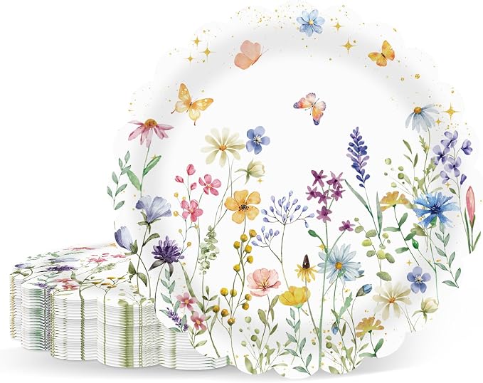 50Pcs Wildflower Scalloped Paper Plates 7inch Spring Party Dessert Plates by Unknown