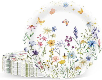 50Pcs Wildflower Scalloped Paper Plates 7inch Spring Party Dessert Plates by Unknown