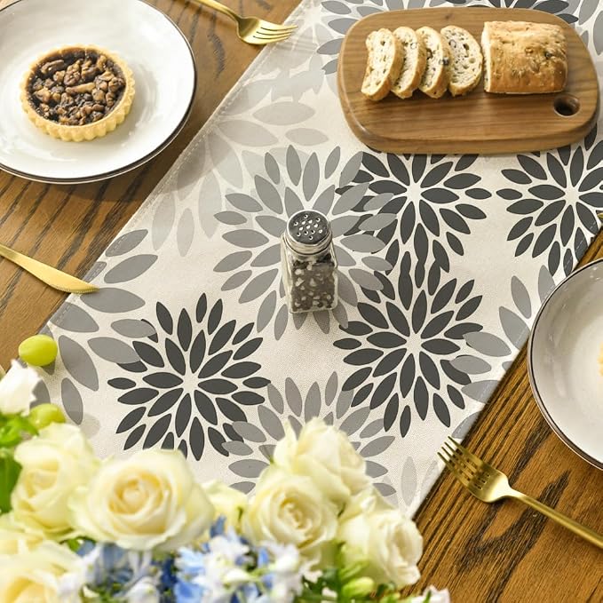 Artoid Mode Grey Floral Pinnata Dahlia Table Runner, Seasonal Kitchen Dining - Image 4