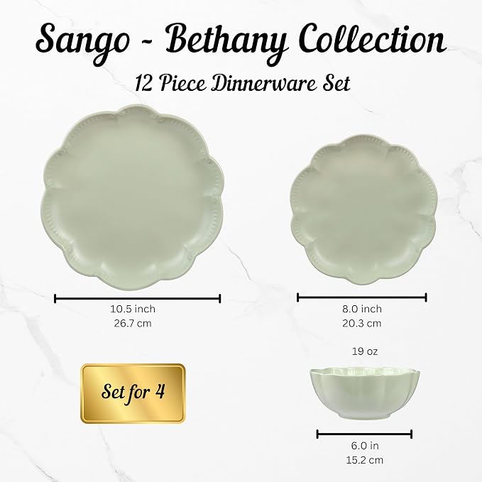 Sango 12 Pieces Scalloped Dinnerware Set, Sage Green Dishes - Image 2