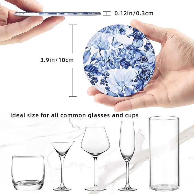 6 Pcs Blue and White Floral Leather Coasters - Image 8