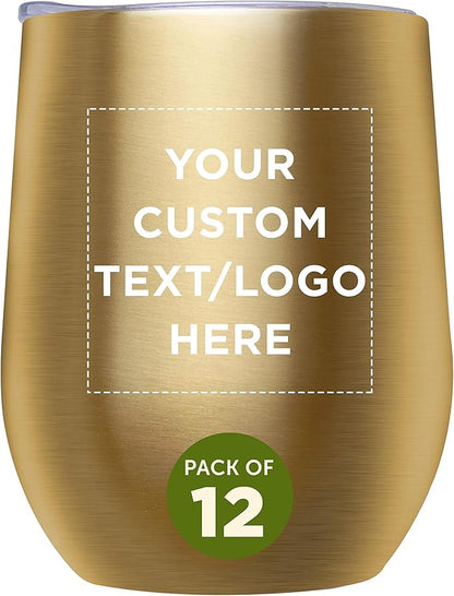 Custom Stemless Wine Glass Tumblers with Lids by Largo 11 oz. Set of 12, Personalized Bulk Pack - Perfect for Wine, Cocktails, Other Hot & Cold Beverages - Gold
