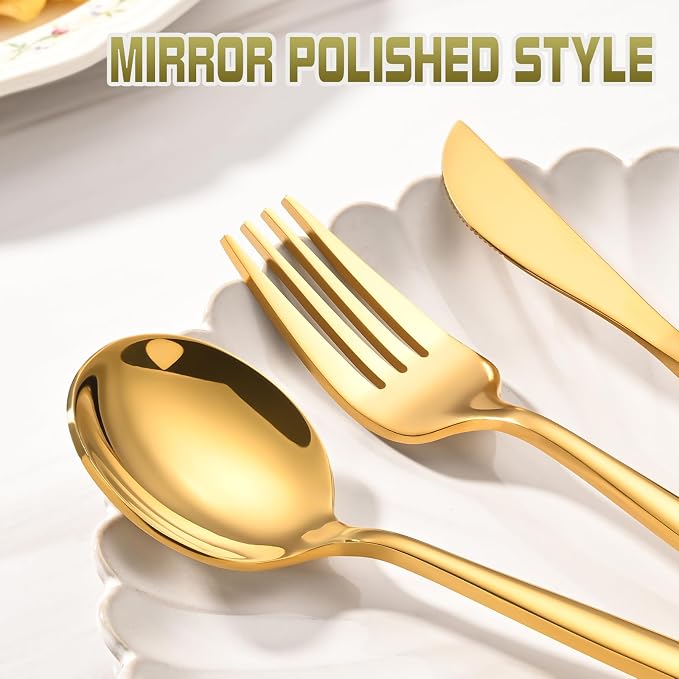 60-Piece Gold Silverware Set for 20, Food Grade Stainless Steel Flatware Set - Image 5