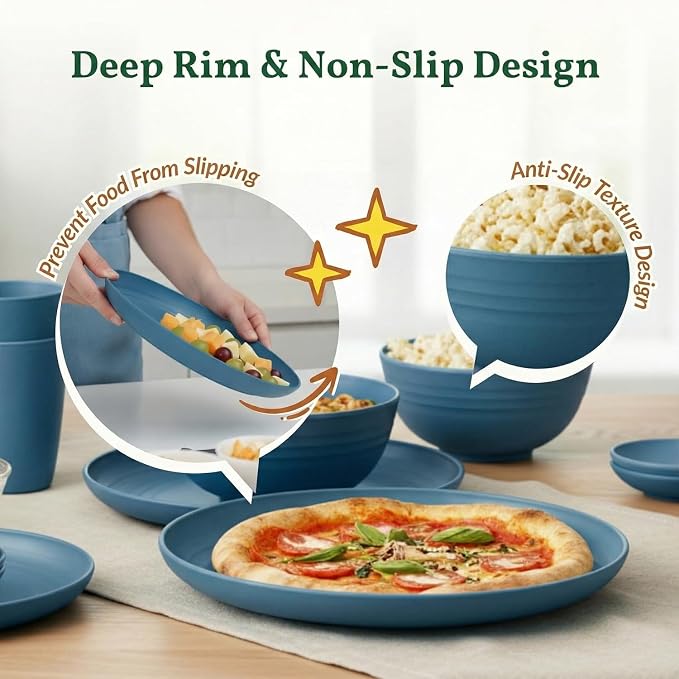 Wheat Straw Dinnerware Sets for 8, Microwave Dishwasher Safe Dish Set, Reusable - Image 4