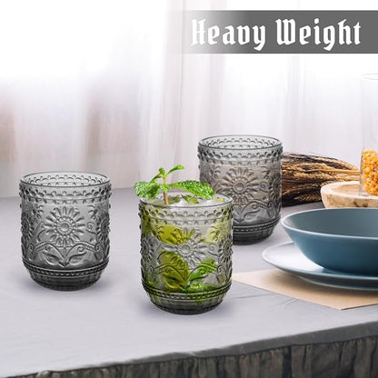 Topsky Vintage Drinking Glass Set of 4, 12 oz Embossed Floral Drinkware Set - Image 3