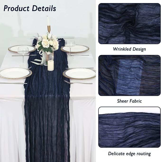8 Pack Navy Blue Cheesecloth Table Runner 120 Inch Boho Wedding Decor | - Image 3