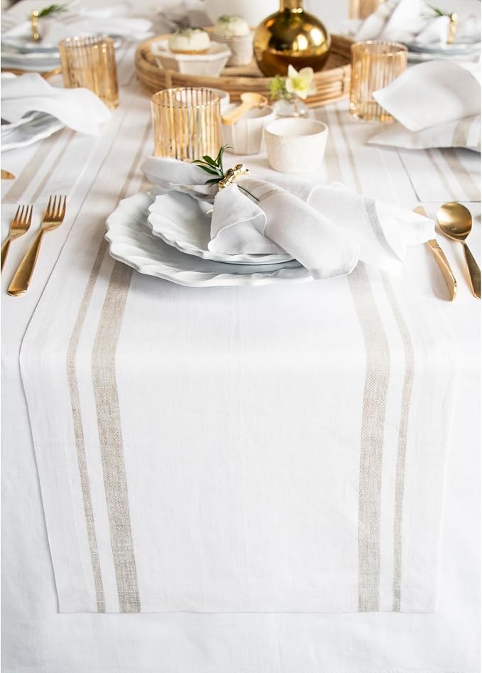Solino Home 100% Linen Table Runner, 14 x 132 in, Natural and White Striped | by SolinoHome