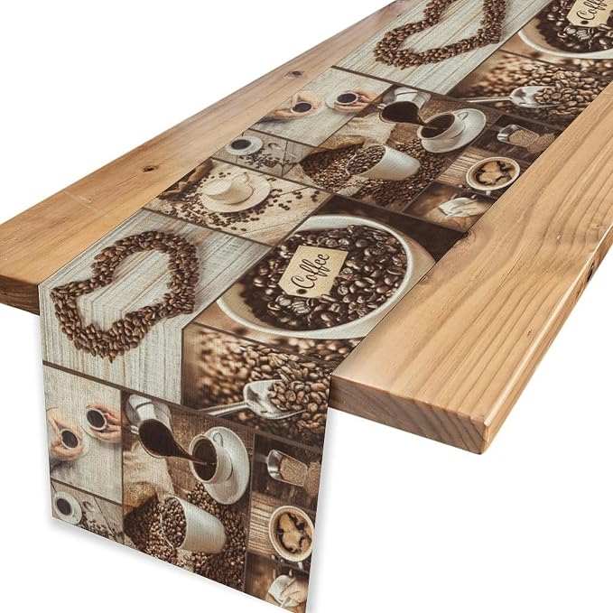 Coffee Time Table Runner, Rustic Coffee Theme Cafe Cup Latte Cappuccino Tea - Image 4