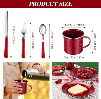 Nuogo 12 Pcs Enamel Camping Tableware Set Dinnerware Kit Includes 12 oz Coffee Mugs Camping Plates Bowls and Utensils Set with Knife Fork Spoon for 2 People Hiking Picnic Outdoor