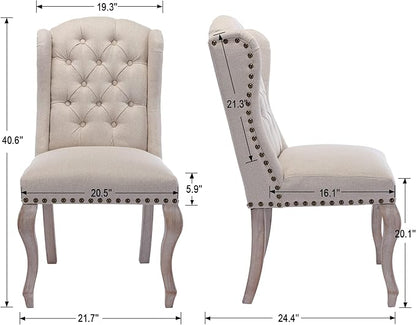 Linen Dining Chairs Set of 6, Farmhouse Dining Room Chairs with Tufted Wingback, Upholstered French Country Parsons Kitchen Chairs Side Accent Chair for Home/Restaurant, Cream