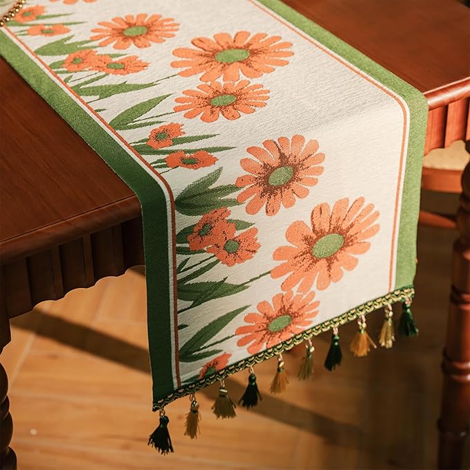 13×72 Inch Table Runner, Retro-Luxury Tassels Series for Kitchen Dining Table Holiday Decoration (Daisy)