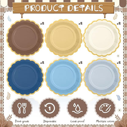 48 Pcs Blue Brown Paper Plates 9 Inch Gradient Scalloped Paper Plates Disposable Dinner Dessert for Birthday Wedding Bridal Party Supplies, 6 Colors