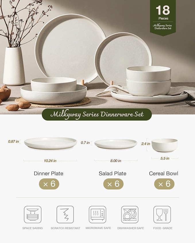 Famiware Milkyway 18-Piece Stoneware Dinnerware Set, Matte Beige White | Plates - Image 2