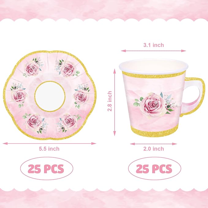 50 Pcs Paper Tea Cups and Plates Pink Floral Disposable Paper Teacups and - Image 2