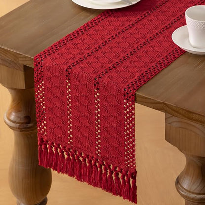 MLMW Boho Red Table Runner Farmhouse Burlap Small Table Runner Dresser Runner | - Image 2