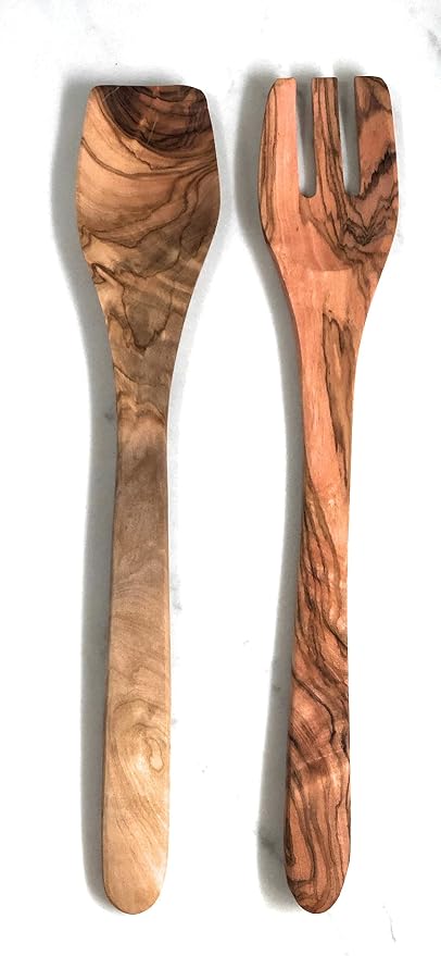 2 pc 14" Long Handle Artisan Olive Wood Salad Server Utensil Set- By ORCHARD - Image 2