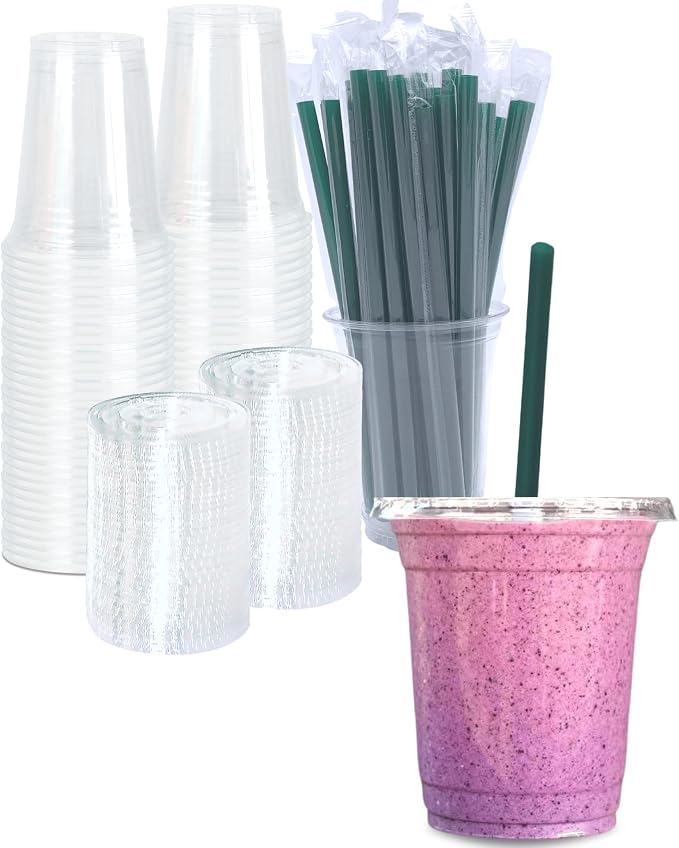 12 oz Clear Plastic Cups with Lids and STRAWS, Disposable Drinking Cups by Cappatua
