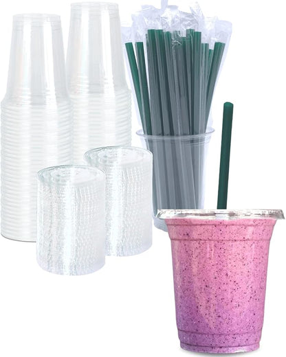 12 oz Clear Plastic Cups with Lids and STRAWS, Disposable Drinking Cups by Cappatua