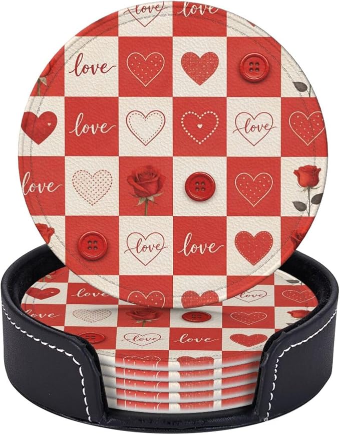 Romantic Love Hearts Checkered Roses Leather Coasters Set of 6 - Image 4