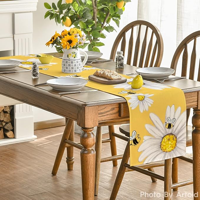Artoid Mode Yellow Bee Sunflower Summer Table Runner, Seasonal Spring Holiday - Image 4