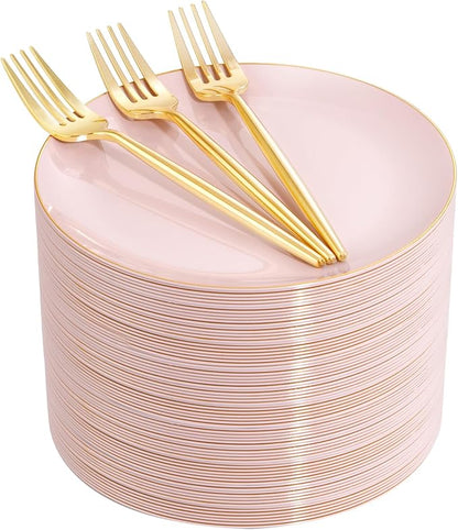 Rubtlamp 200Pcs Plastic Pink Dessert Plates with Disposable Gold Forks,Heavy Duty Pink Disposable Salad Platos,Gold Small Platos,Fancy Appetizer Plates for Mother's Day