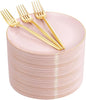 Rubtlamp 200Pcs Plastic Pink Dessert Plates with Disposable Gold Forks,Heavy Duty Pink Disposable Salad Platos,Gold Small Platos,Fancy Appetizer Plates for Mother's Day