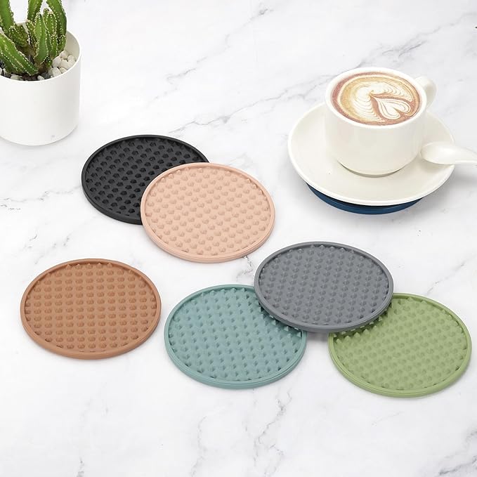 uxcell Set of 6 Round Drink Coasters with Holder, 4" Silicone Coaster for Drinks Non-Slip Cup Coaster Heat Resistant Glass Cushion for Bar Kitchen Office Decor, Navy Blue(Pentagon)