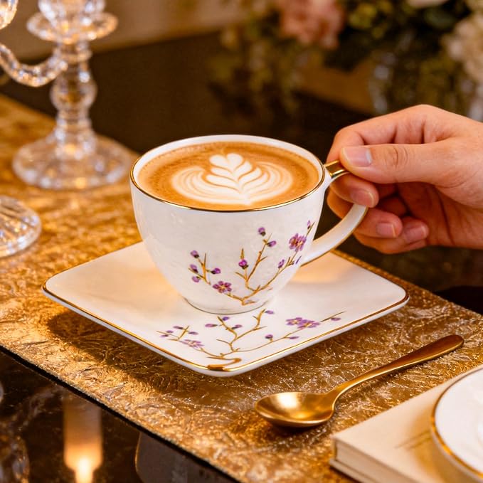 KAMMAK Tea Cups and Saucers Set of 2, Fine Bone China Coffee Cups, GH025 | - Image 3