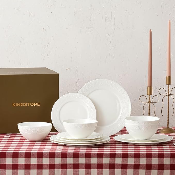 12Pcs Vintage Relief White Bone China Set, Service - Image 9