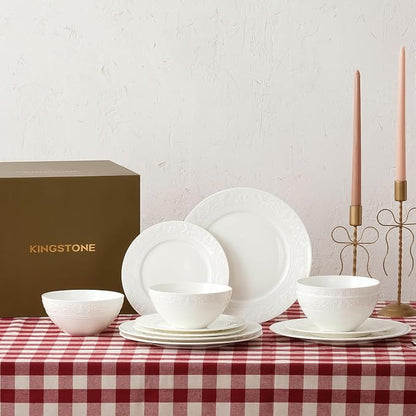 12Pcs Vintage Relief White Bone China Set, Service - Image 9