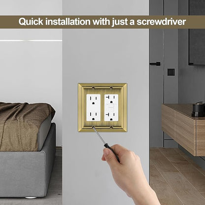 Metal Wall Plate for Electrical Outlets, Decorative Antique Brass Switch Plates Outlet Cover, Light Switch Cover Plate, 2-Gang Wall Plates (Double Decorator, 2 Pack)