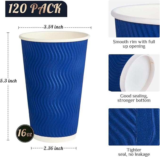 JollyPack Disposable Paper Coffee Cups, 16 oz, 120 Pack, Insulated Ripple Wall - Image 2